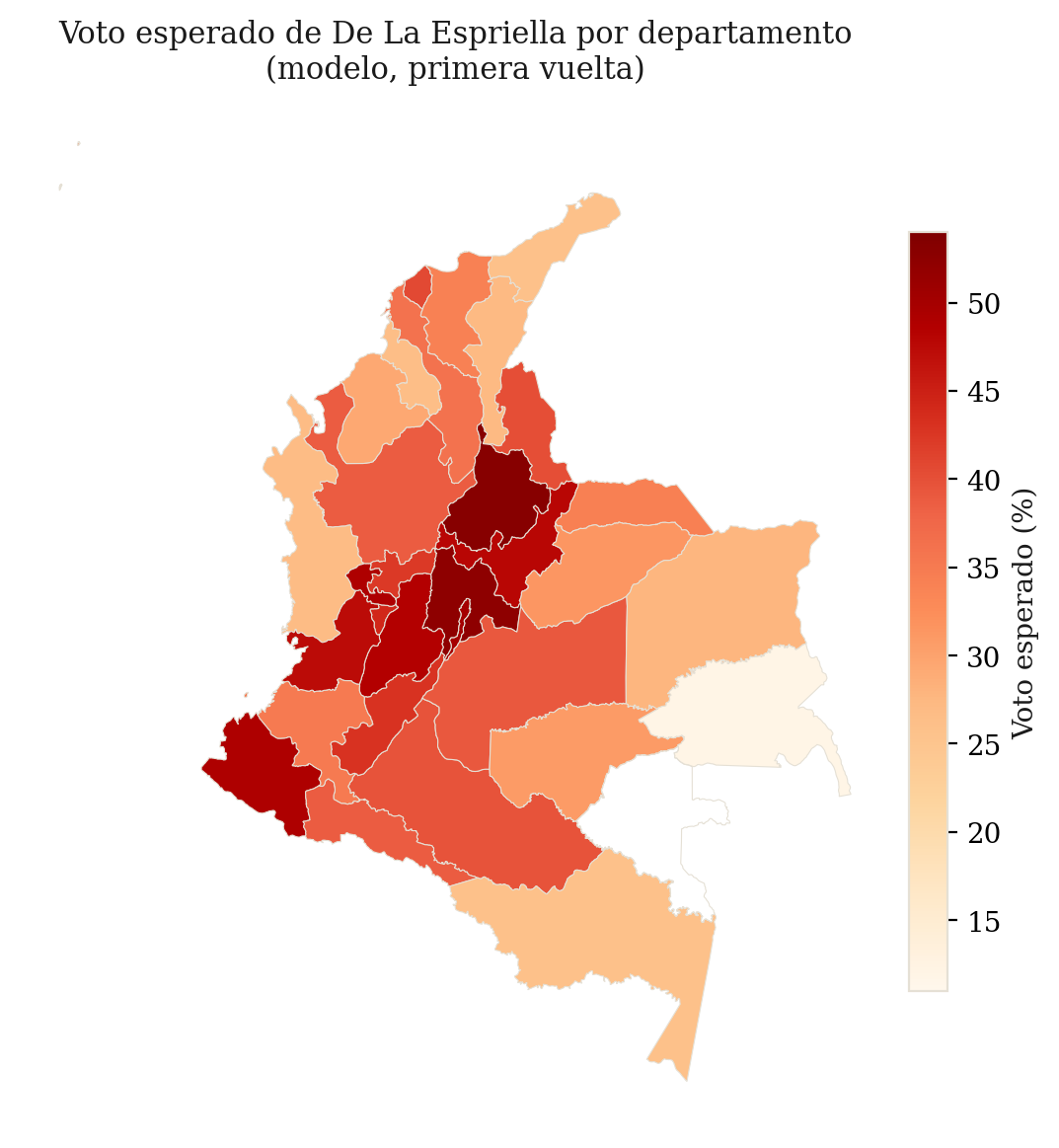 Mapa coroplético del voto esperado de De La Espriella por departamento.